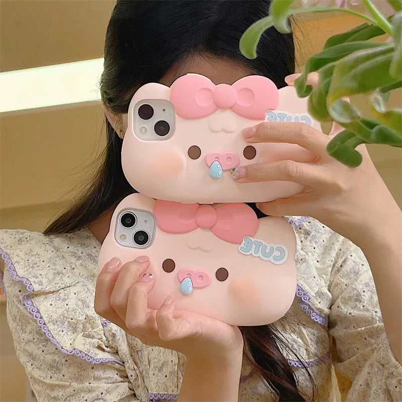 Silicone snot pig phone case for iPhone, all-inclusive cartoon cover with embossed anti-fall design