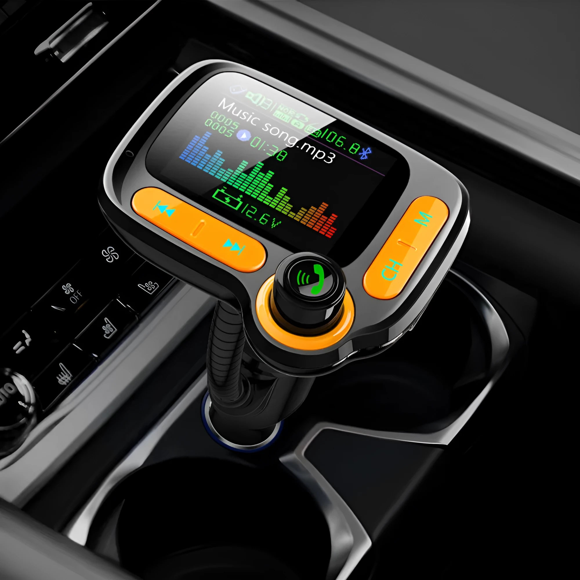Car Bluetooth player with 1.77 inch OLED colour screen plugged into cigarette lighter with adjustable hose