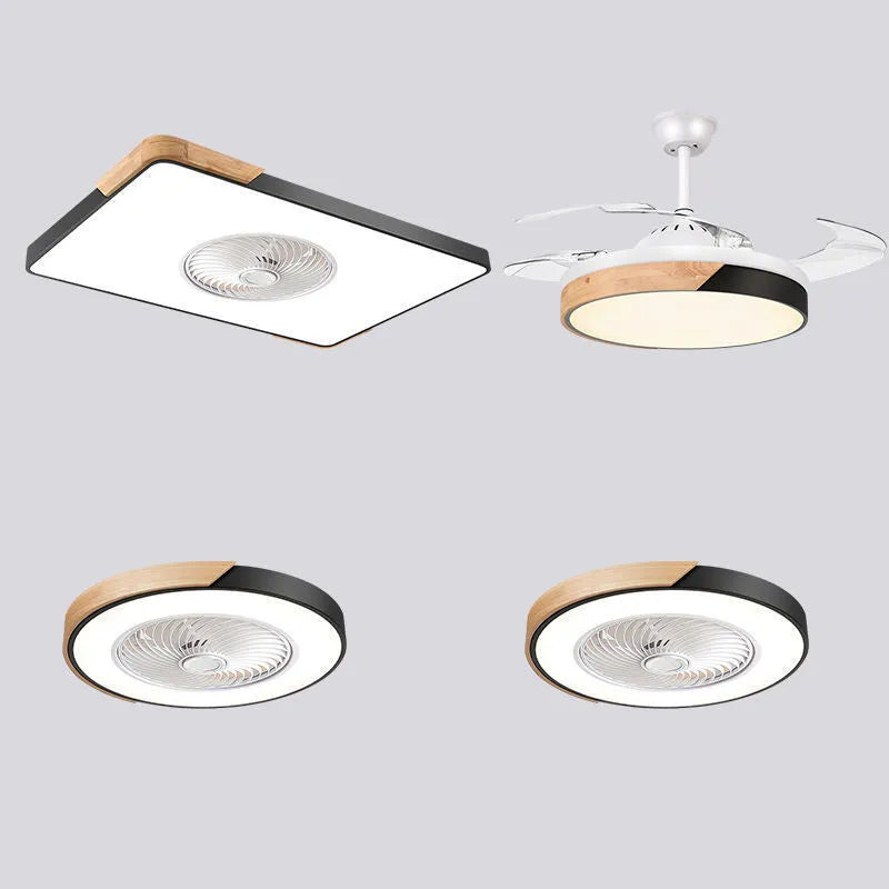 Nordic ceiling fan with light in solid wood rectangular, round, and square frame options.