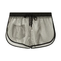 Men's solid colour loose boxer shorts in black, white, gray, or red on a size chart