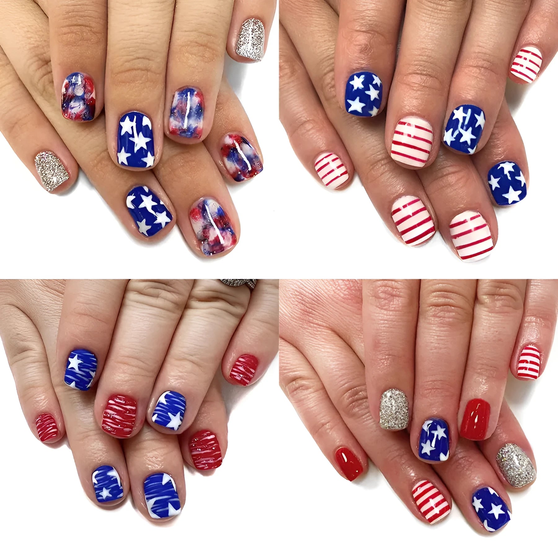 Independence Day glitter red and blue multicolor nail tips in European square shape 4 pack