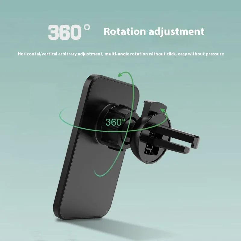 Magnetic car wireless charger mobile phone holder in black X-16 attached to a car vent bracket