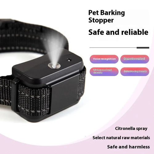 Automatic bark stopper dog training spray collar in black, made from ABS material, with strap attached