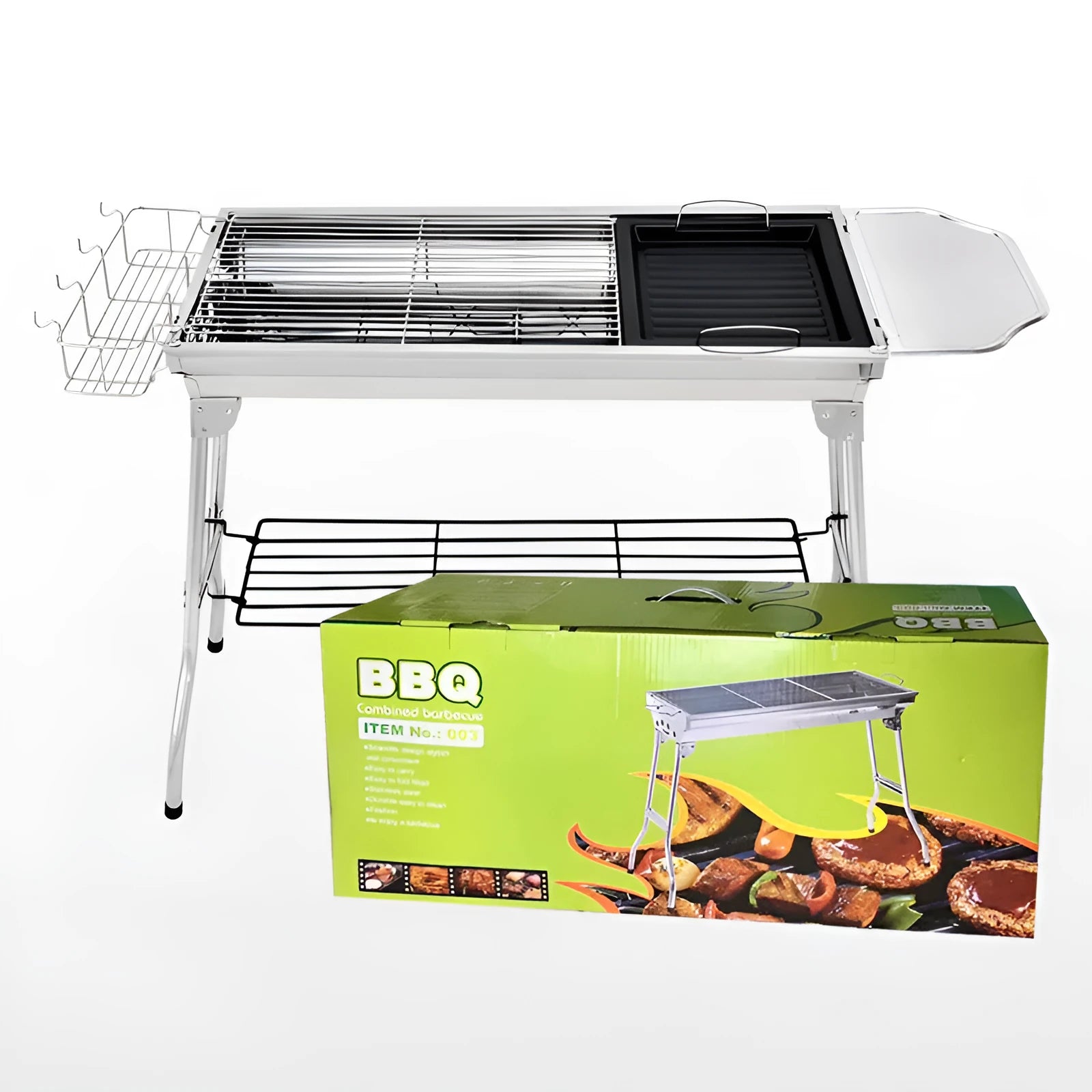 Stainless steel portable folding barbecue oven with grill, shown in a natural colour.