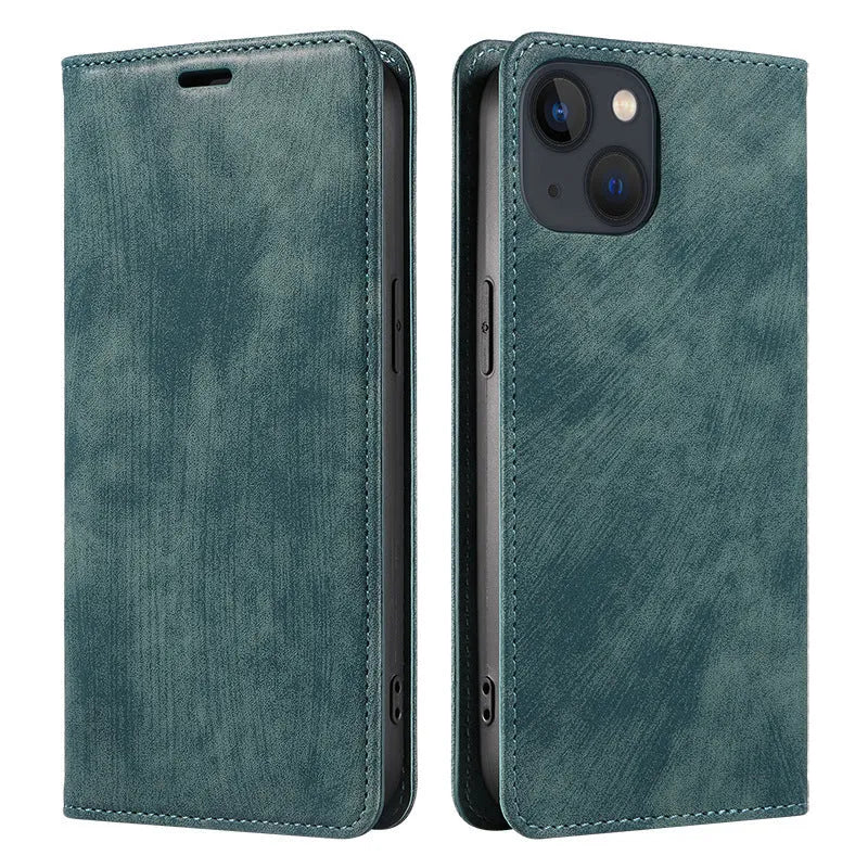 Magnetic flip phone case in leather for iPhone, shown open with cards in slots and closed with magnetic seal.