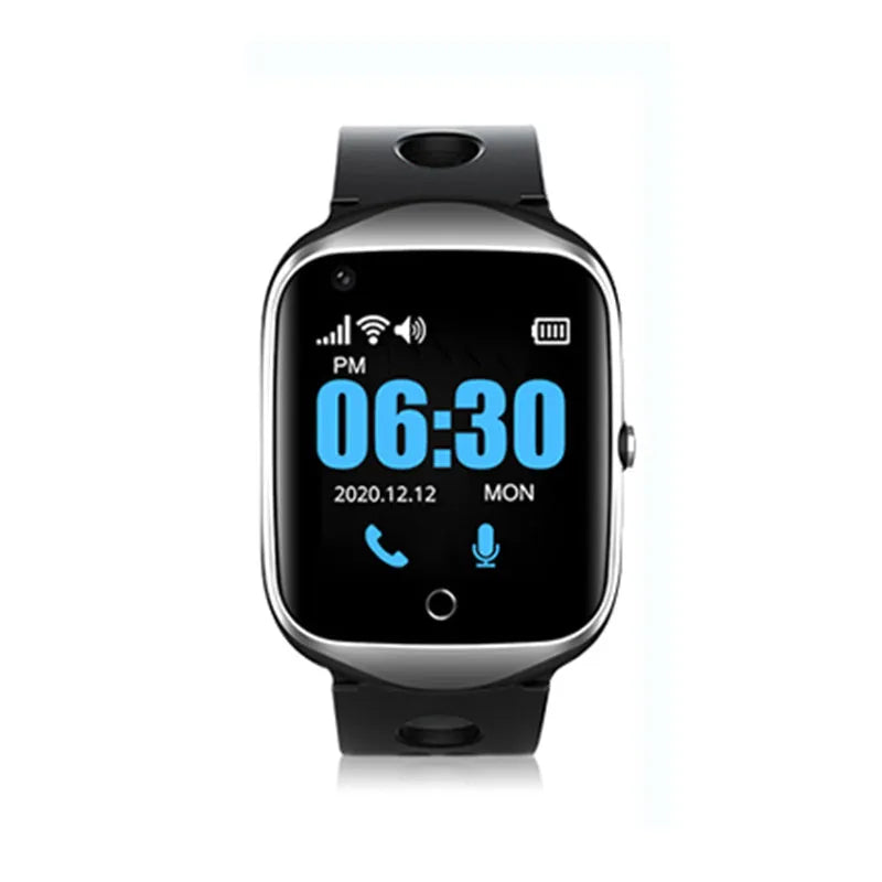 Black elderly smartwatch with square 1.3-inch screen and silicone strap, showing phone and SOS functions.