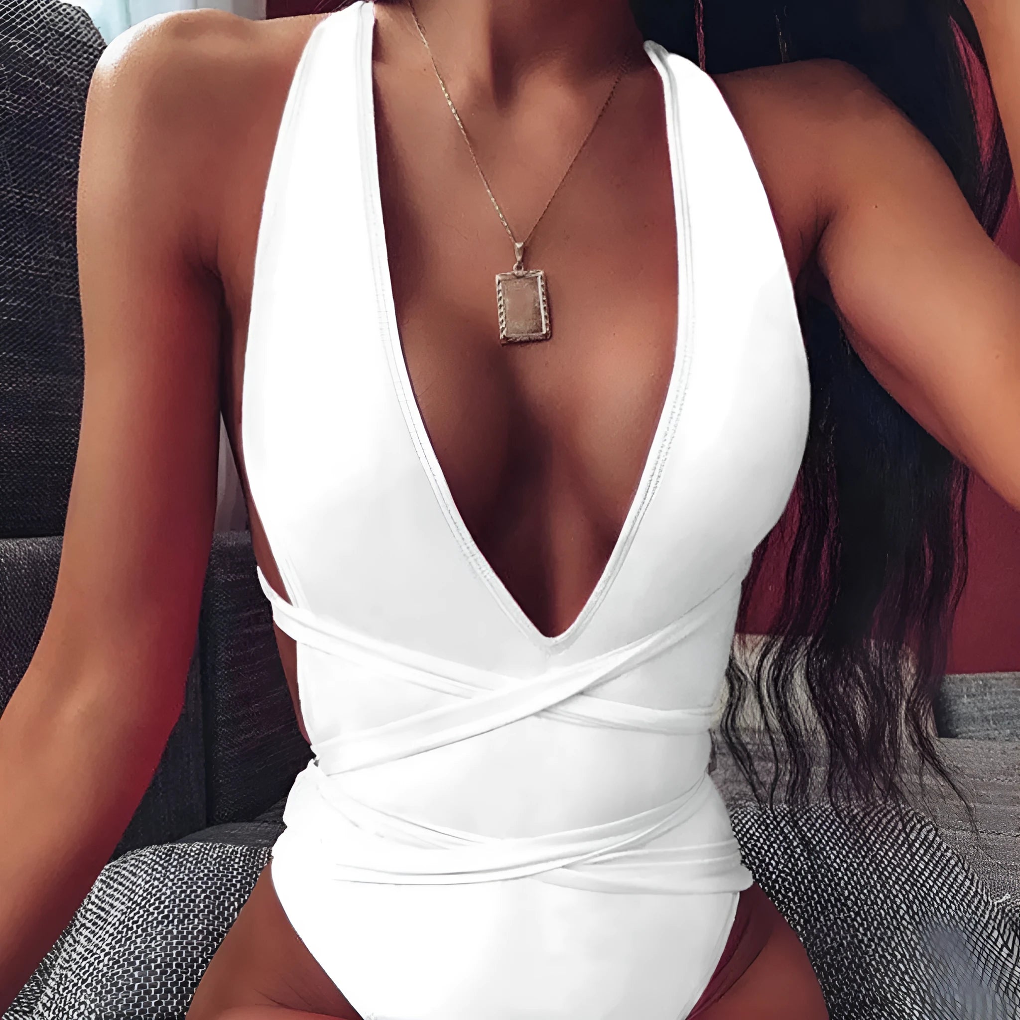 Women's one-piece lace-up deep V backless high-waist solid colour swimsuit in lake blue with white lace detail