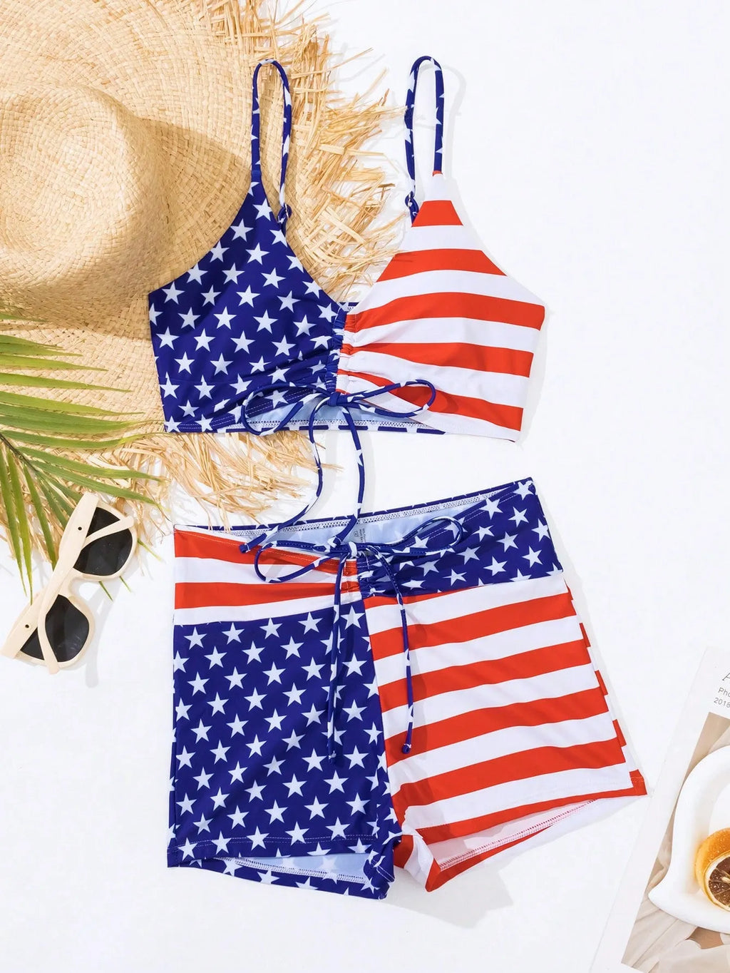 Women's high waist boxer brief swimsuit with drawstring in red, white, and blue stars and stripes pattern