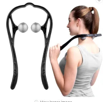 Blue plastic handheld neck and shoulder massager with adjustable stand and removable soft head on a white background.