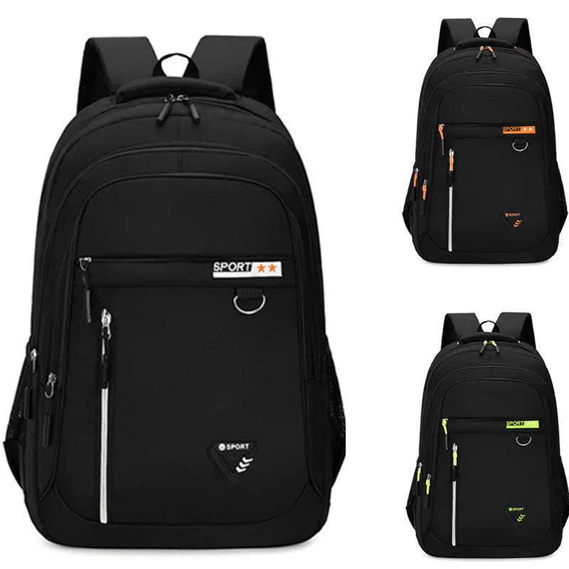 Men's Oxford cloth school backpack in black with letter pattern and air pillow belt