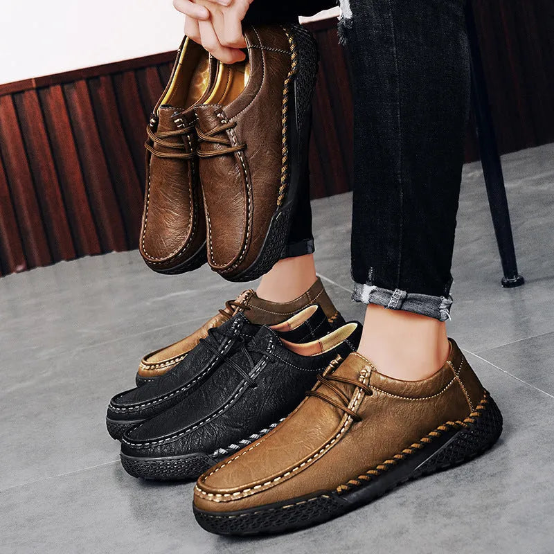 Men's genuine leather casual lace-up shoes in black with rubber sole and round toe