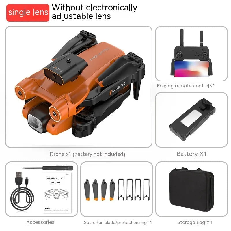 Black and orange remote control quadcopter drone with four rotors, shown folded and unfolded.