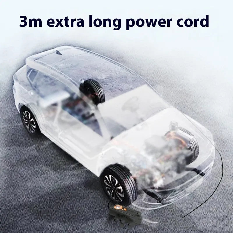 Portable car tyre inflator with digital display, integrated air pump, air nozzle, and power cord