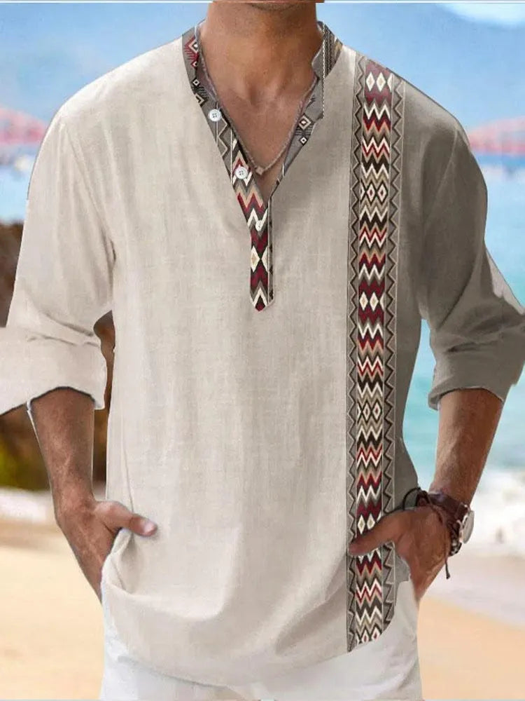 Men's long sleeve casual shirt with Hawaiian-inspired digital stripe print on thin polyester fabric.
