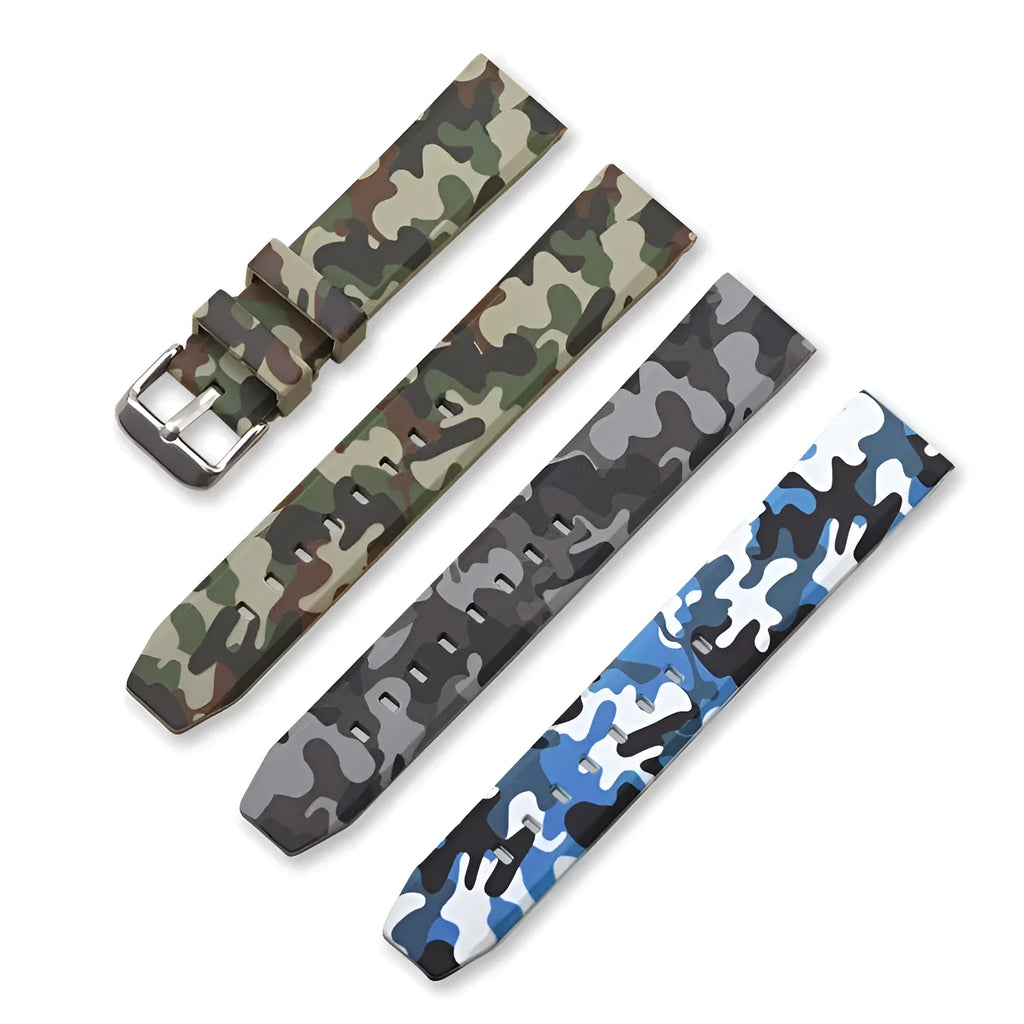 Blue, green, and grey camouflage patterned silicone watch strap shown in 20mm, 22mm, and 24mm width options.