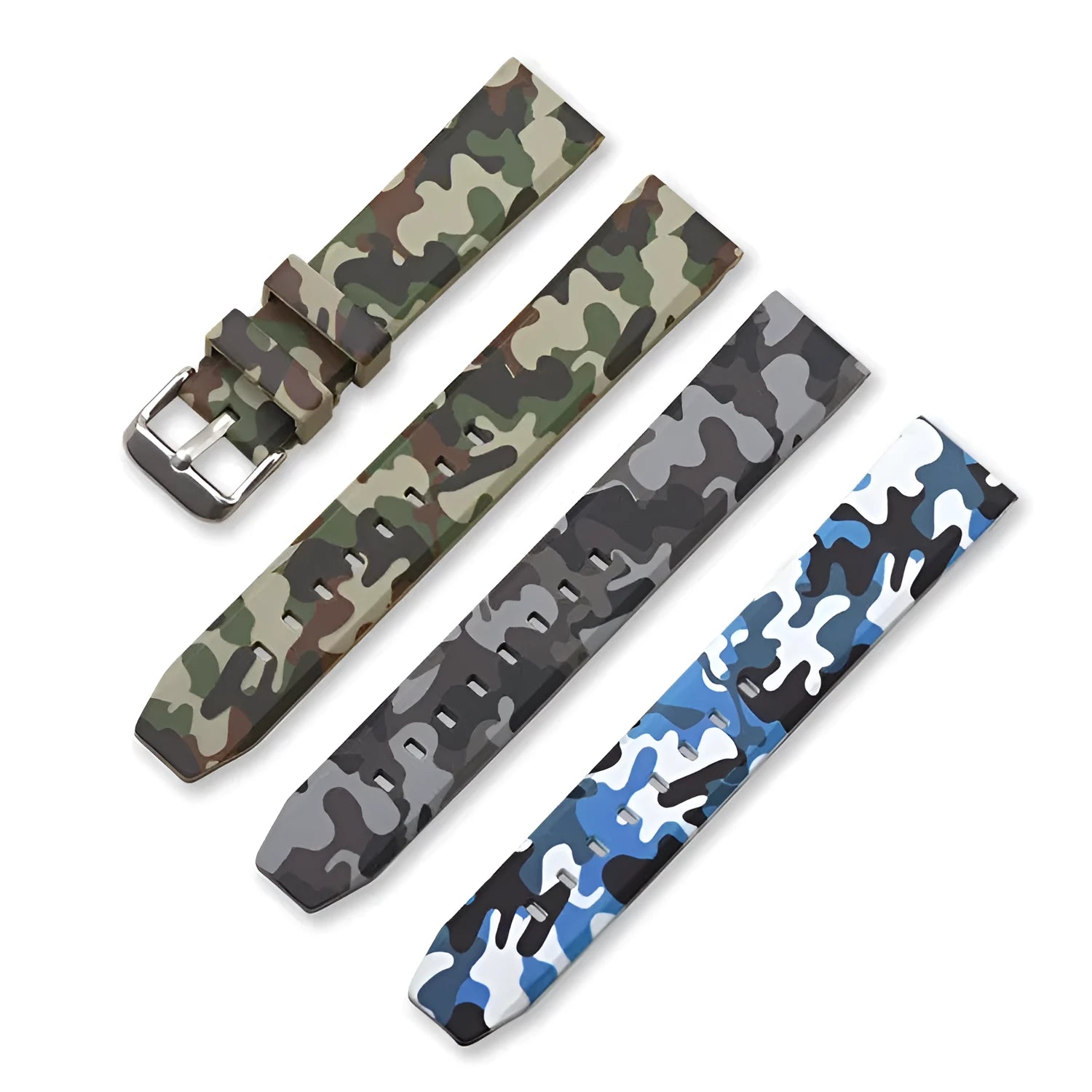 Blue, green, and grey camouflage patterned silicone watch strap shown in 20mm, 22mm, and 24mm width options.