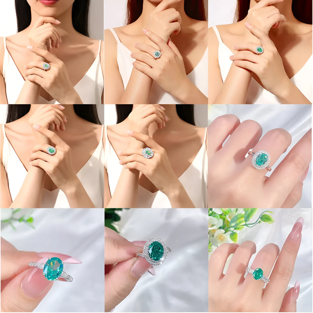 Geometric S925 silver women's ring with an elliptical emerald-cut high carbon diamond inlay.