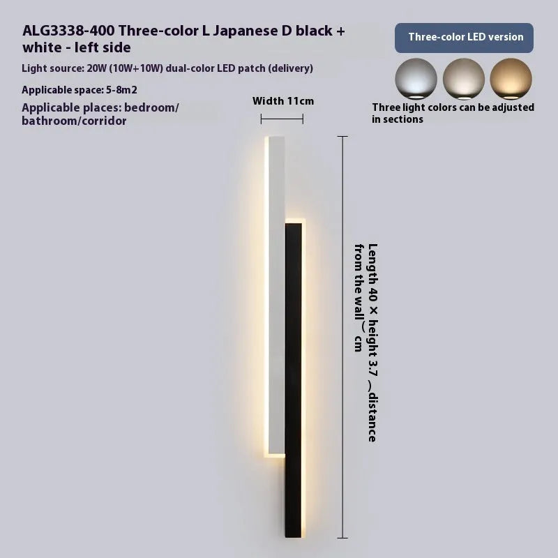 Contemporary grid-free bedside strip wall lamp with acrylic shade and three-colour LED lighting