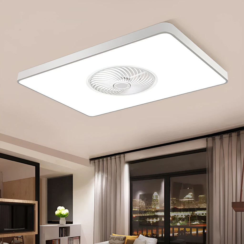 Nordic ceiling fan with light in solid wood rectangular, round, and square frame options.