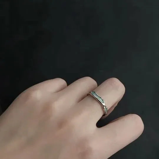 Adjustable navy blue enamel couple ring in copper with geometric texture and split ring design