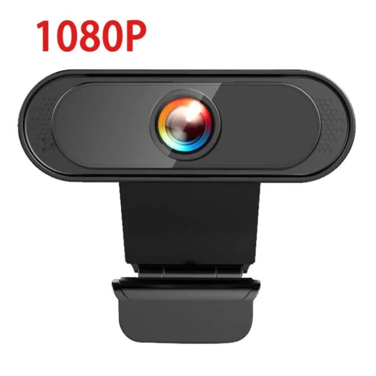 Black 2K HD USB webcam with built-in microphone, 45-degree tilt and 180-degree rotation, for desktop and laptop use.