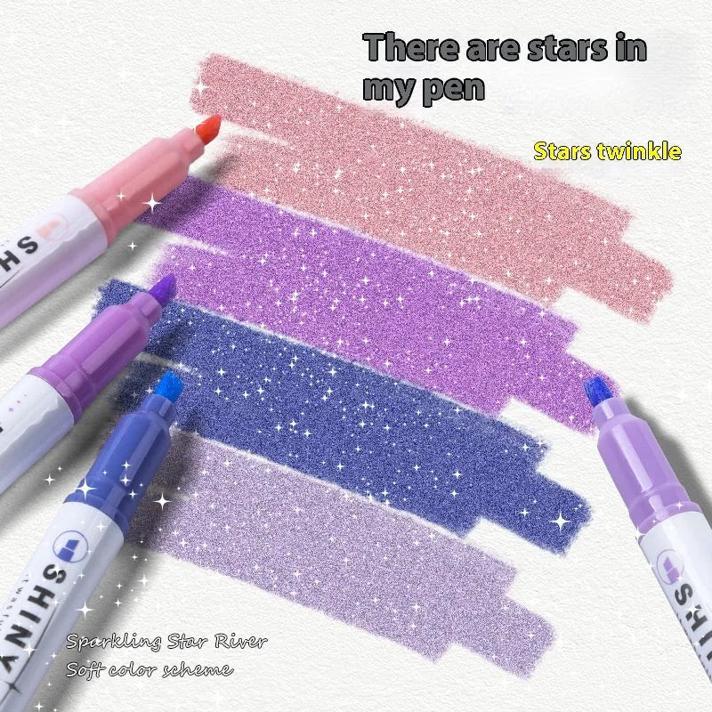 Four glitter highlighter pens with slanted tips in assorted fluorescent colours on a white background.