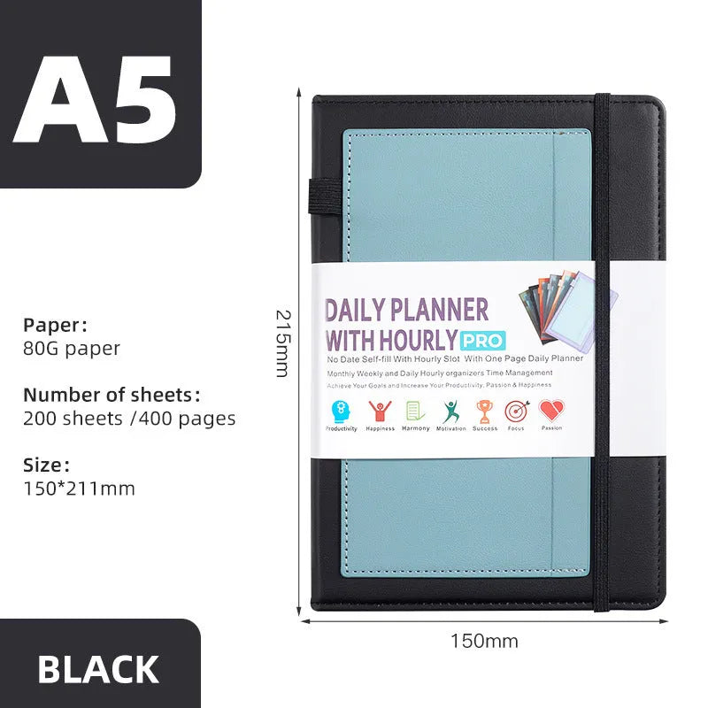 A5 no-date notebook with soft PU cover shown in purple, green, grey, black, pink, and orange, with planning stickers