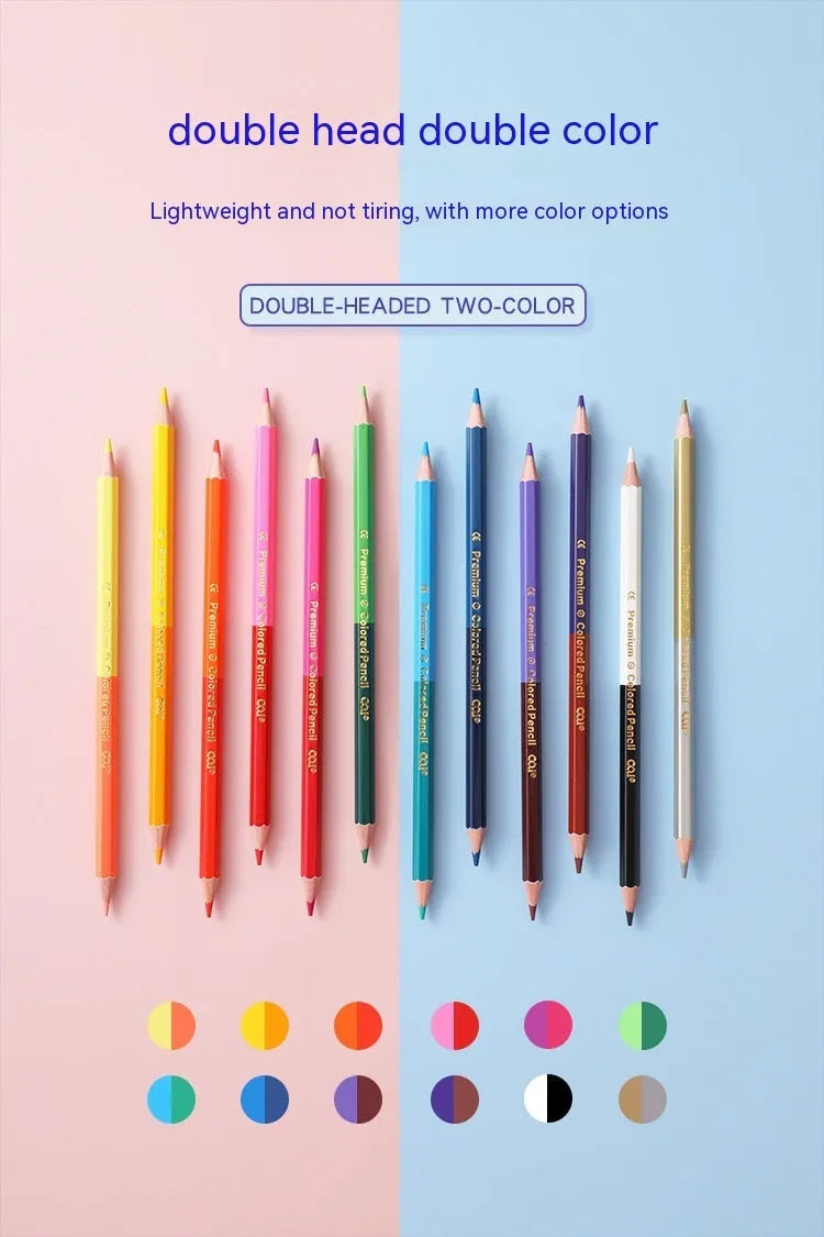 Set of wooden colour pencils showing double-headed brush and colour lead tips, available in 6 or 12 piece packs.