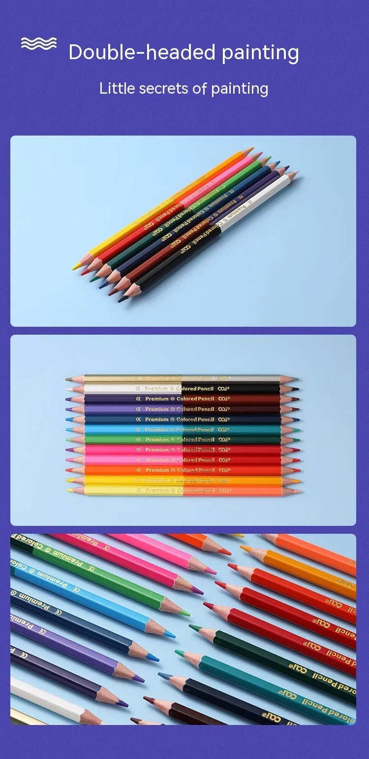 Set of wooden colour pencils showing double-headed brush and colour lead tips, available in 6 or 12 piece packs.