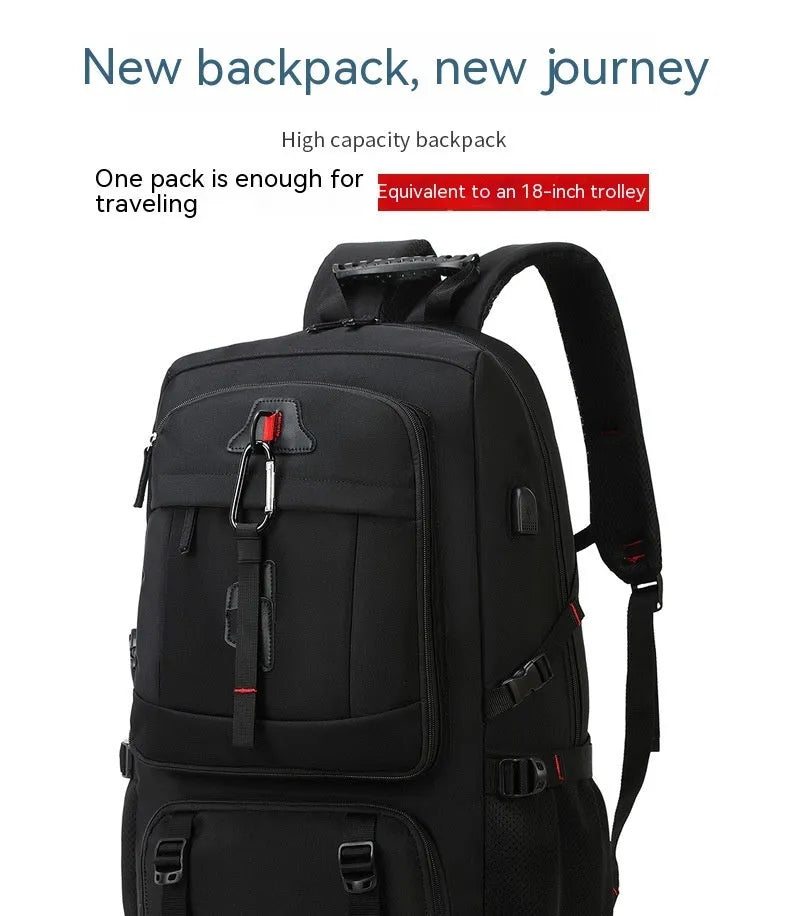 80L business travel backpack in black, Oxford cloth with composite cowhide, 55x20x35cm, USB interface