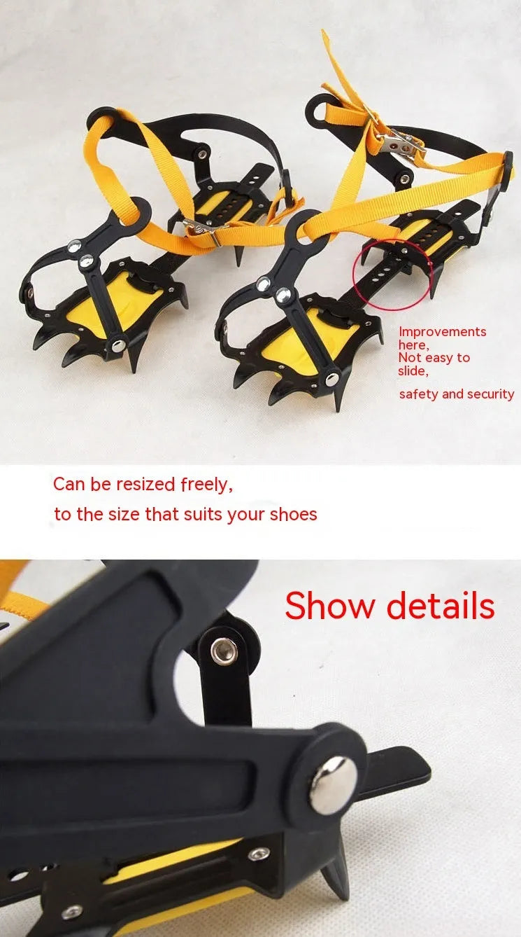 Pair of orange steel ten-teeth non-slip shoe cover crampons for snow ice traction