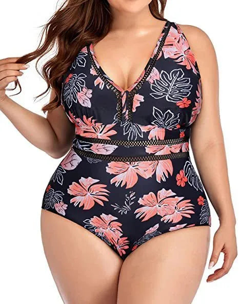 Black plus size women's bikini swimsuit with mesh stitching print, sizes S to 5XL