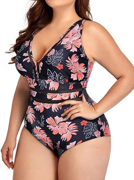 Black plus size women's bikini swimsuit with mesh stitching print, sizes S to 5XL