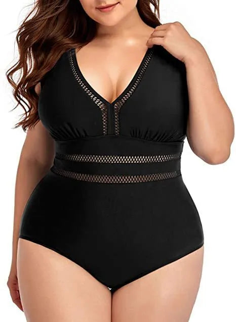 Black plus size women's bikini swimsuit with mesh stitching print, sizes S to 5XL