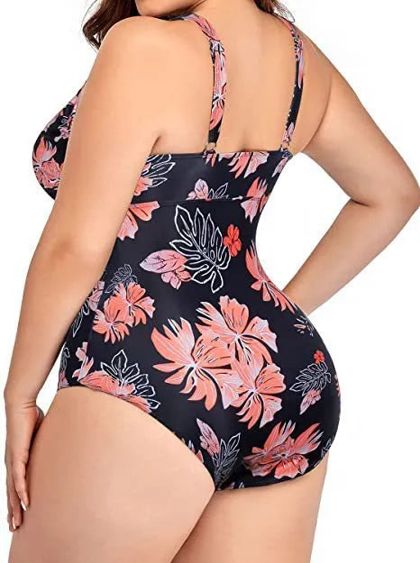 Black plus size women's bikini swimsuit with mesh stitching print, sizes S to 5XL