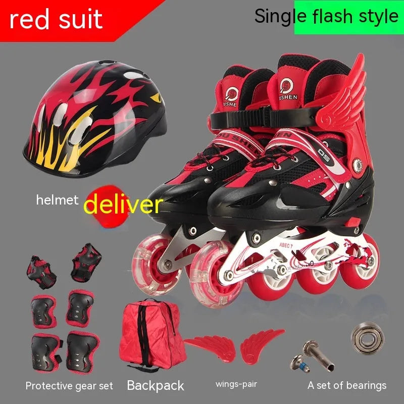 Children's adjustable inline skates in five colours with aluminium frame, helmet, and protective gear
