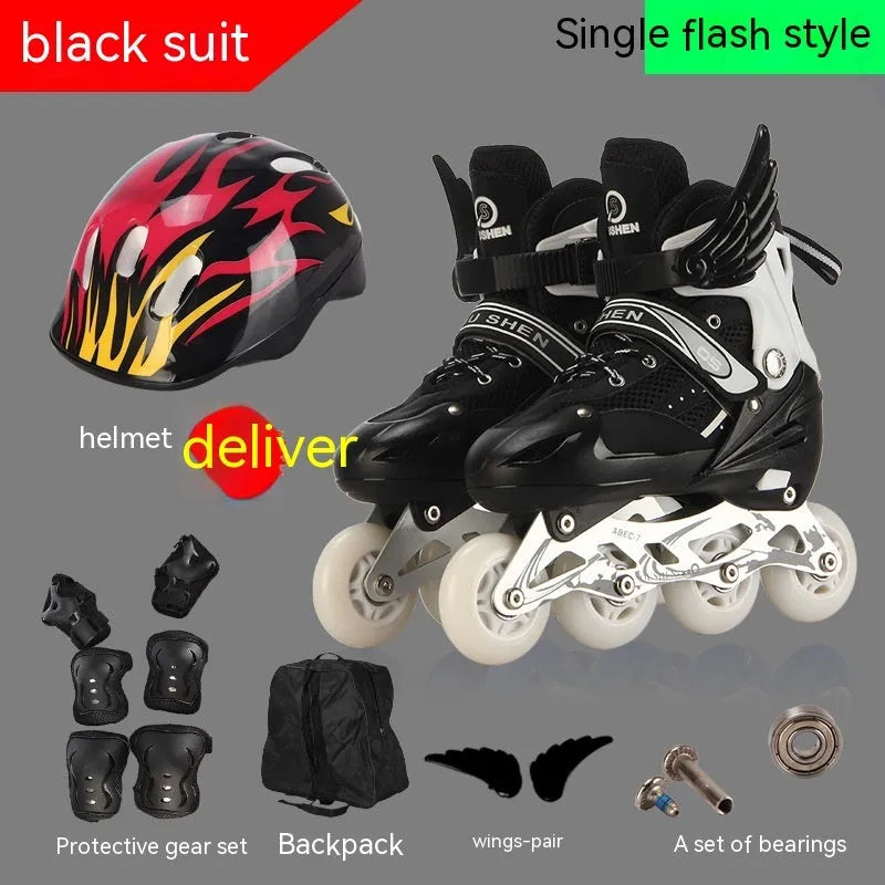 Children's adjustable inline skates in five colours with aluminium frame, helmet, and protective gear