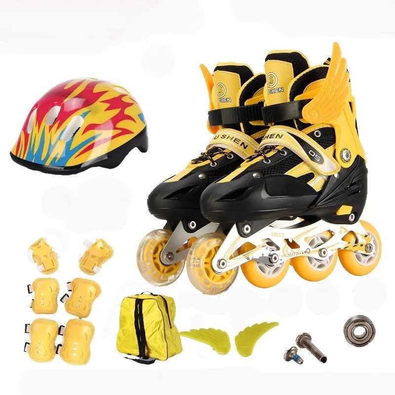 Children's adjustable inline skates in five colours with aluminium frame, helmet, and protective gear