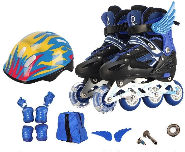 Children's adjustable inline skates in five colours with aluminium frame, helmet, and protective gear