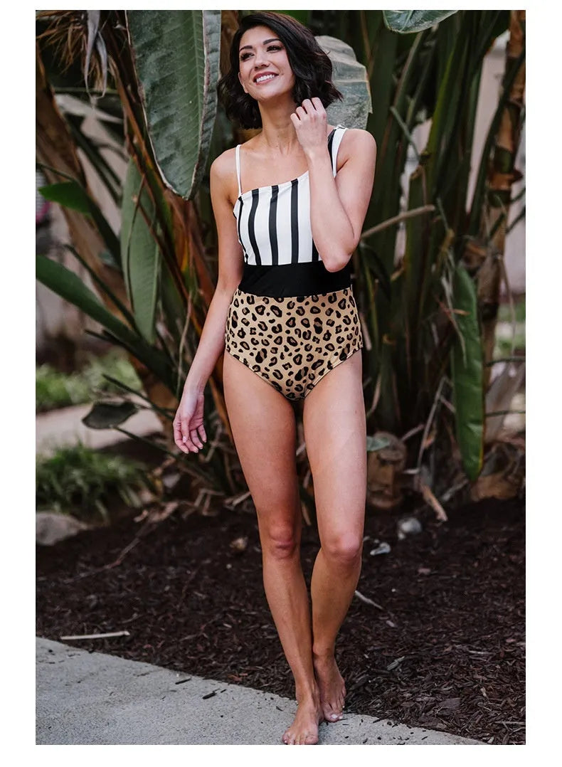 Women's leopard print one-piece swimsuit with asymmetric collar and high-waist triangle briefs.