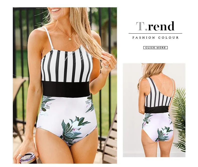 Women's leopard print one-piece swimsuit with asymmetric collar and high-waist triangle briefs.