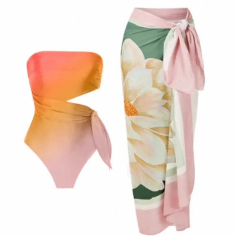 Women's one-piece swimsuit with a French retro printed pattern in a classic bikini cut.