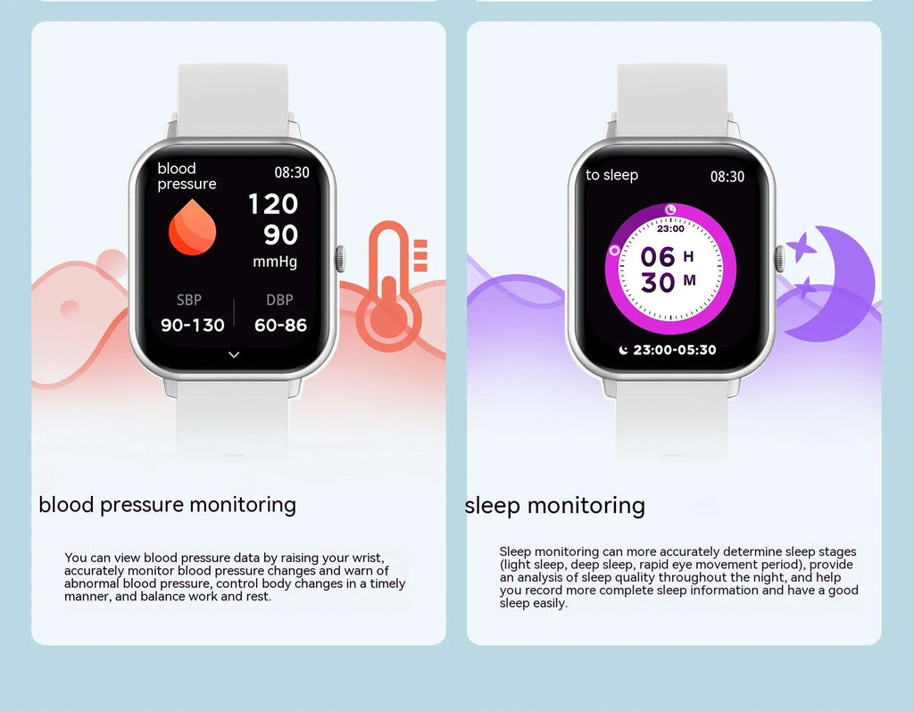 Bluetooth smart watch with AI voice control and heart rate monitoring display on TFT screen
