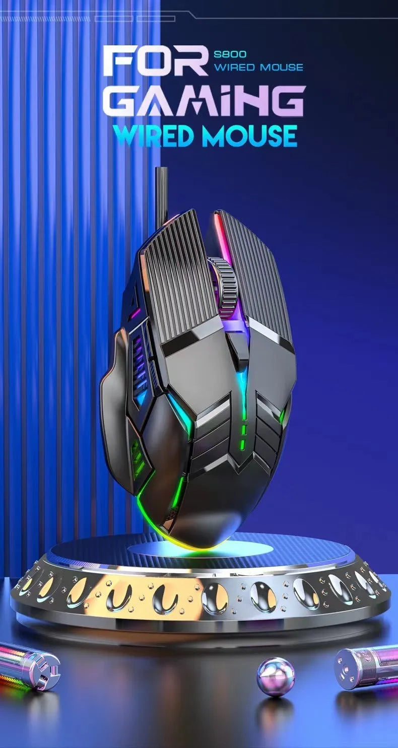 6D wired mouse with colourful lights, USB cable, in black, white, and pink options