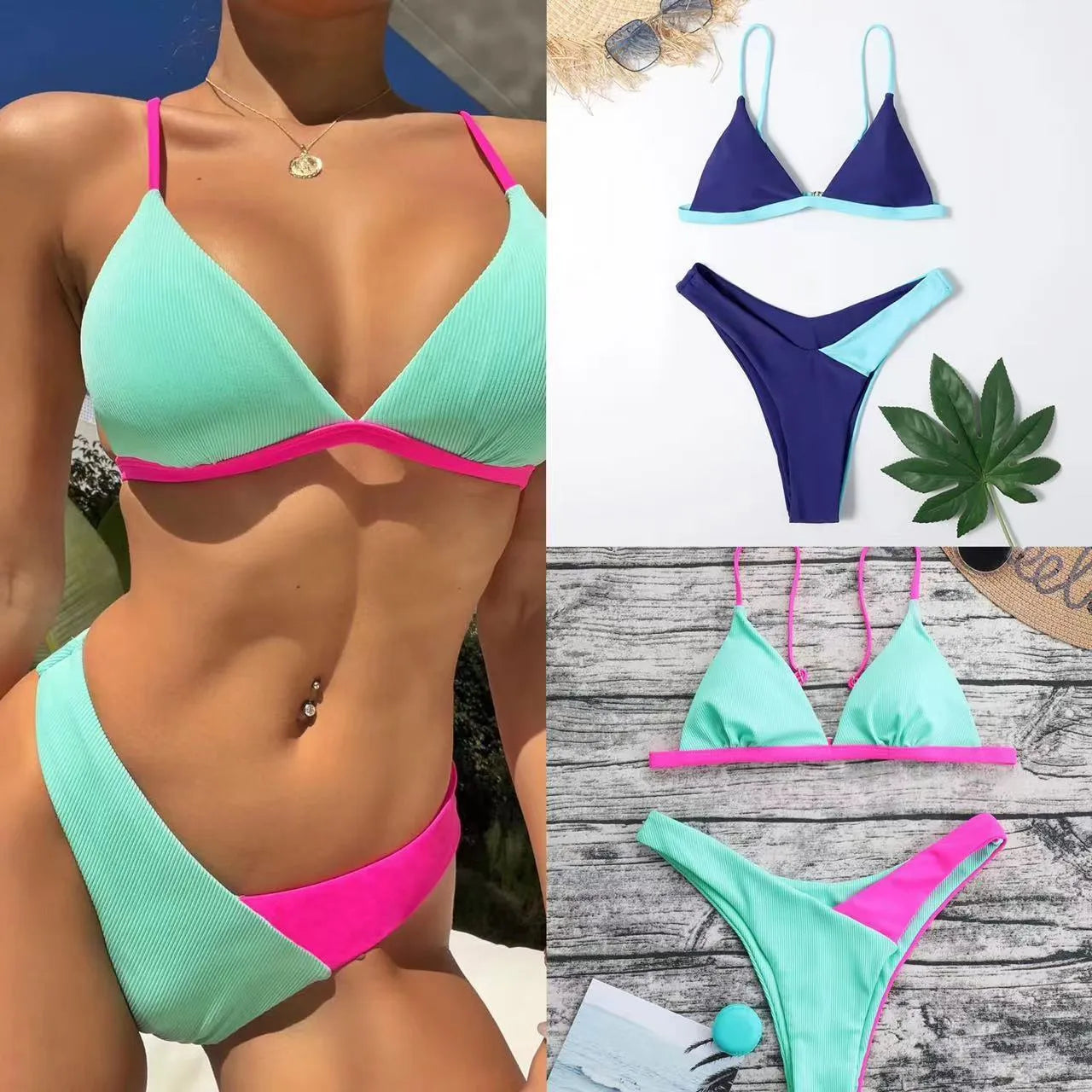 Women's European style nylon swimsuit briefs in pattern designs with bra and panties set