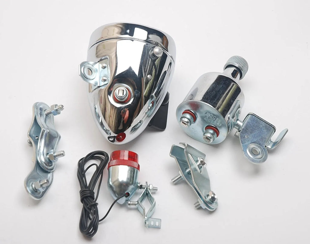 Silver bicycle dynamo generator light modification kit for front fork or rear frame mounting