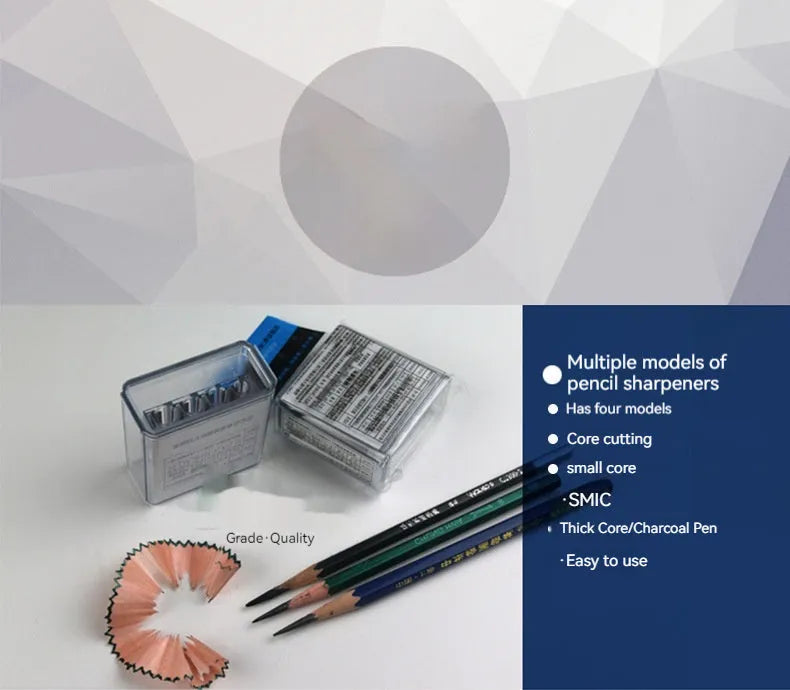 A boxed set containing 288 geometric-shaped, four-hole plastic pencil sharpeners for colouring and sketching.
