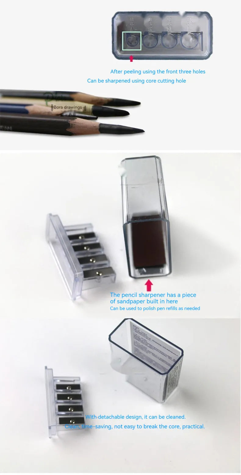 A boxed set containing 288 geometric-shaped, four-hole plastic pencil sharpeners for colouring and sketching.