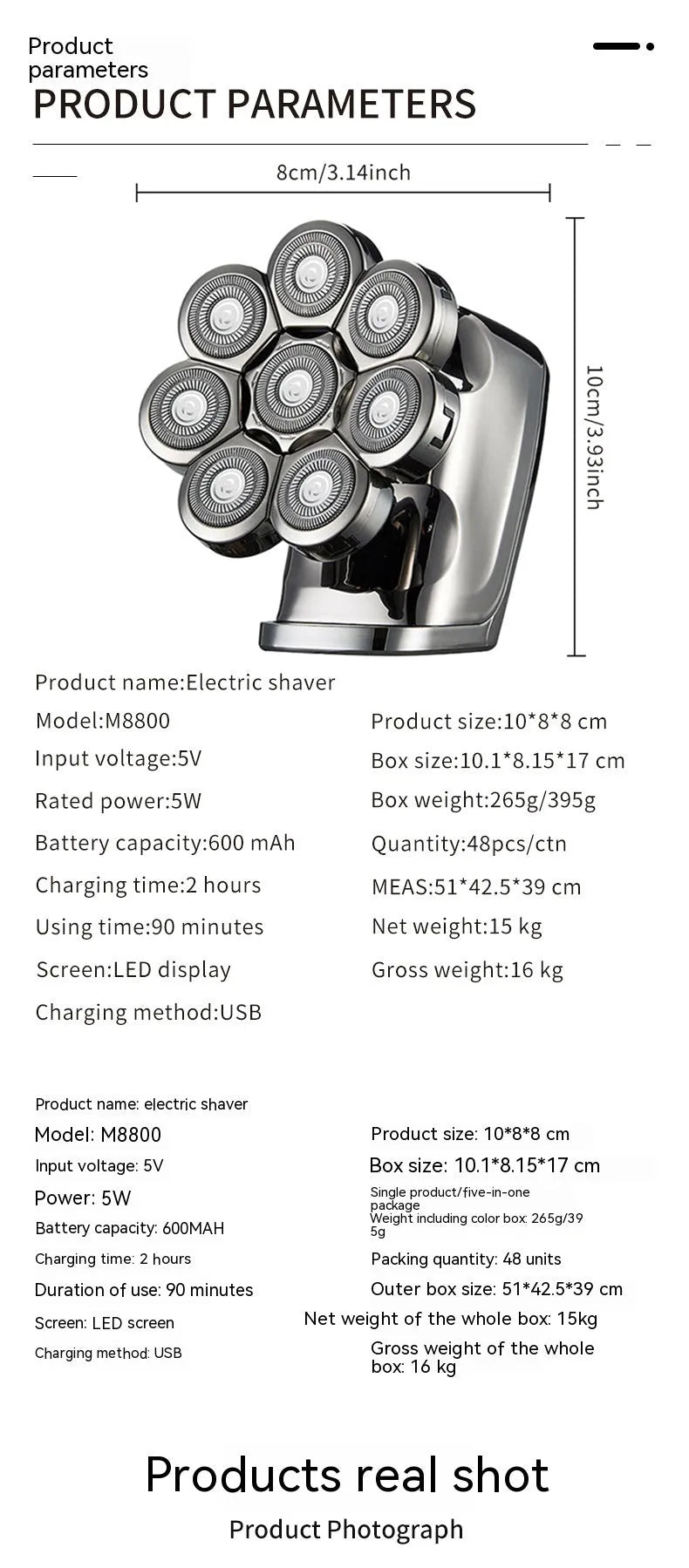 Eight-knife electric shaver with five-in-one attachments, LED display, floating cutter head, and USB charging cable
