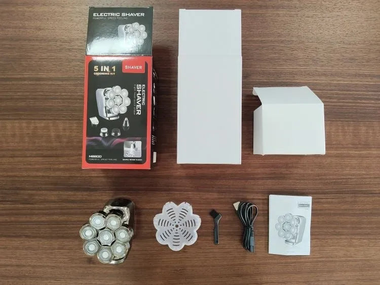 Eight-knife electric shaver with five-in-one attachments, LED display, floating cutter head, and USB charging cable